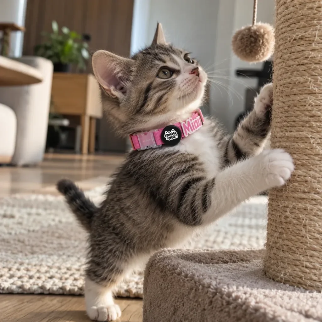 Gatito jugando con un rascador, con el collar rosa Miau-me y el localizador
