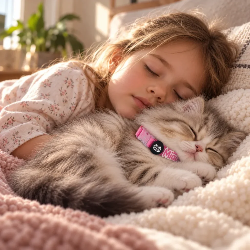 Niña durmiendo abrazada a su gatito, que lleva el collar rosa Miau-me