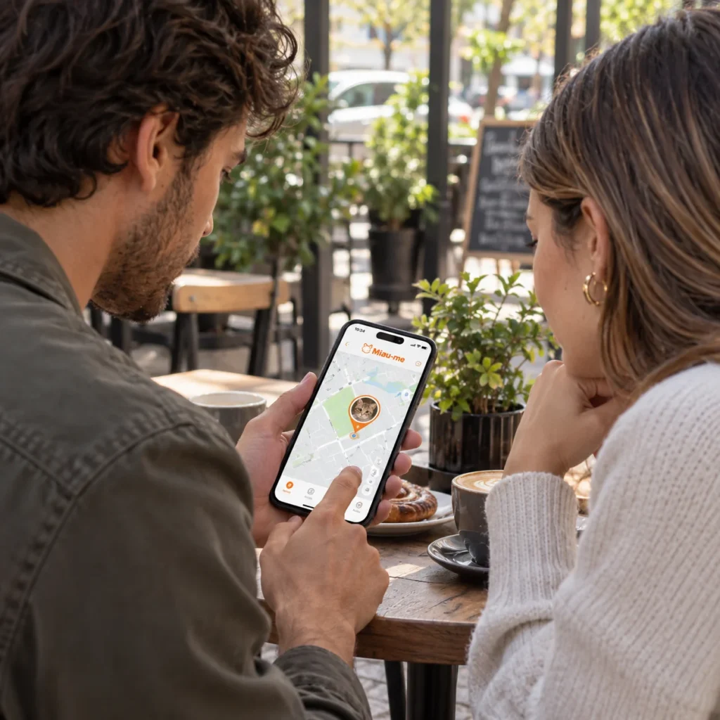 Pareja mirando en el celular la ubicación de su gato en el mapa de la app