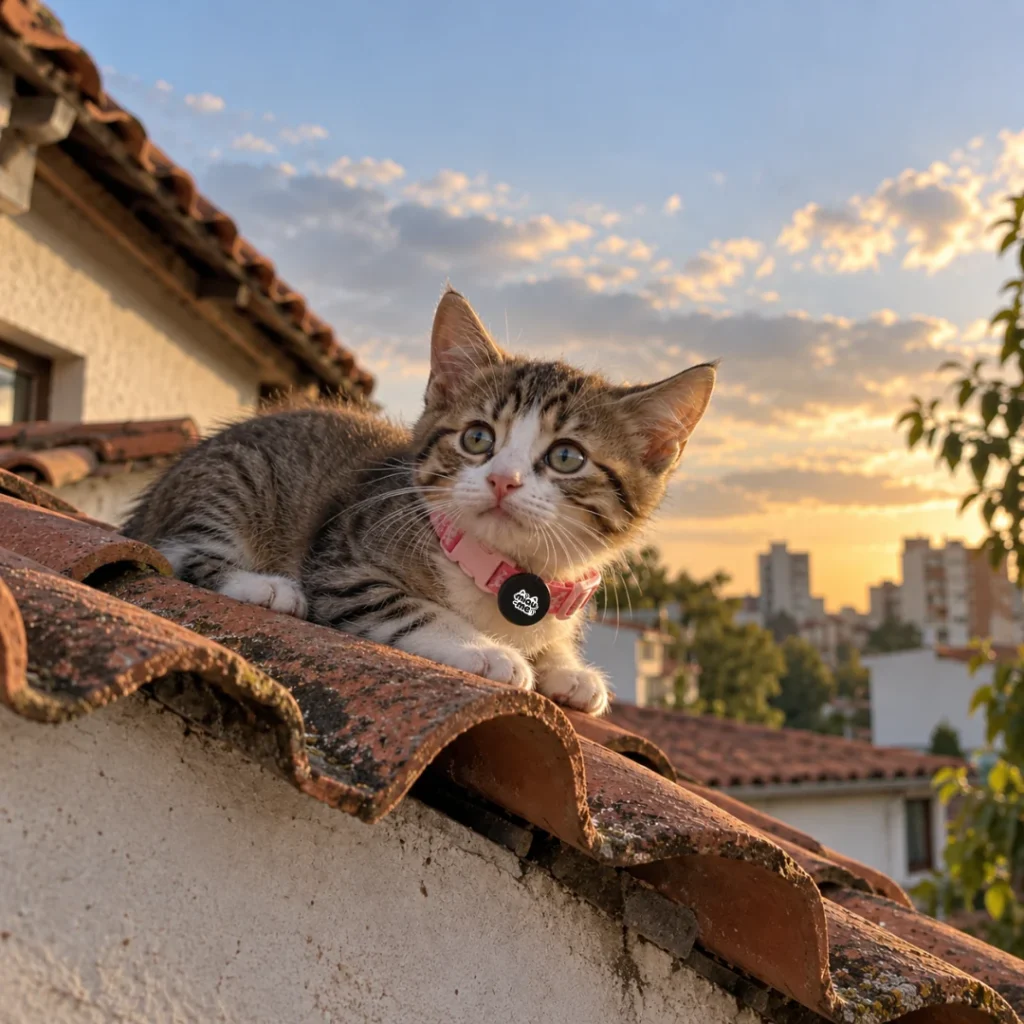Gatito sobre un tejado al atardecer con el collar rosa Miau-me y el localizador