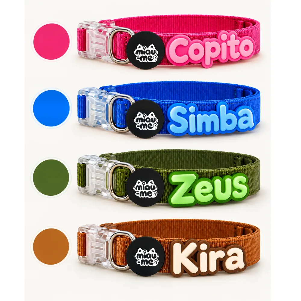 Collares Miau-me personalizados en rosa, azul, verde y café, con el localizador
