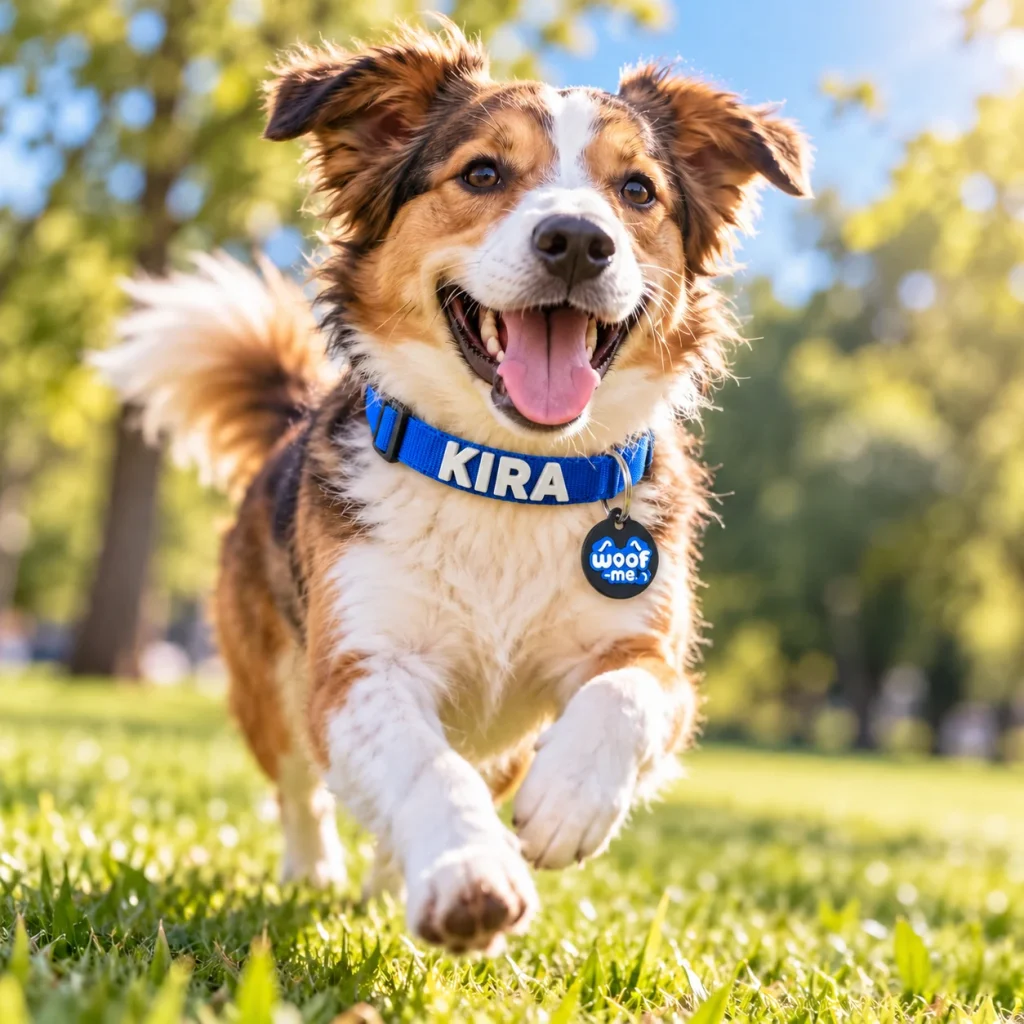Perro corriendo en el parque con collar azul Woof-me personalizado con el nombre Kira y el localizador