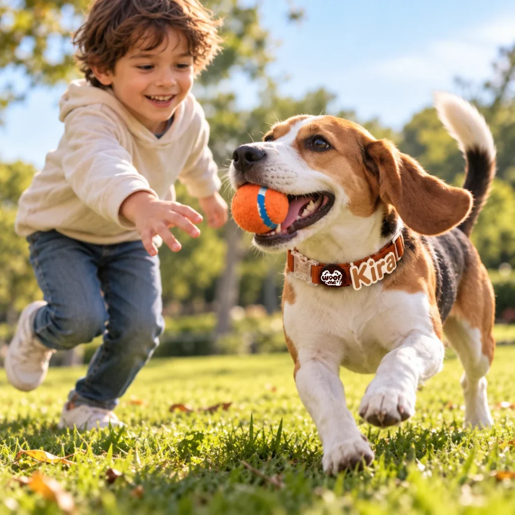 Niño jugando en el parque con un beagle que lleva el collar café Woof-me con el nombre Kira y el localizador