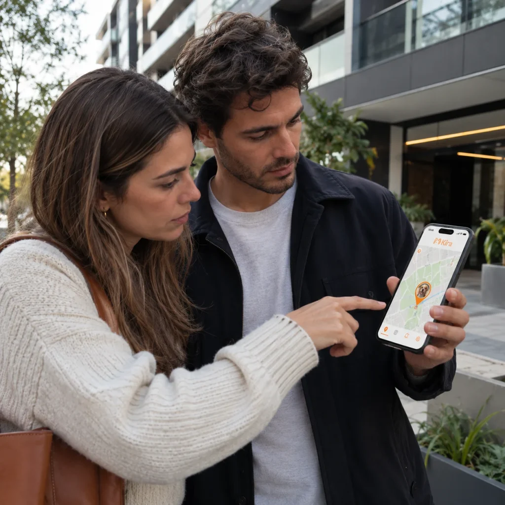 Pareja mirando en el celular la ubicación de su perro en el mapa de la app